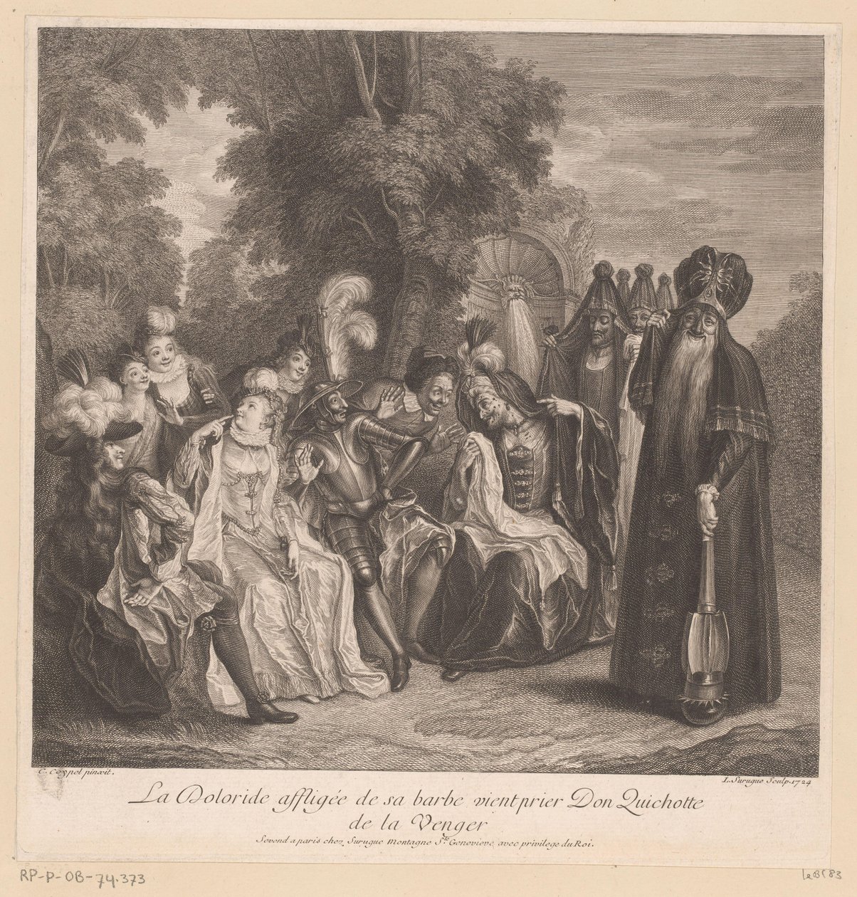 Doloride beder Don Quixote om at tage hævn for hende La Doloride affligée de sa barbe vient prier Don Quichotte de la venger (titel på objektet) Historien om Don Quixote fra La Mancha (serietitel) af Louis Surugue