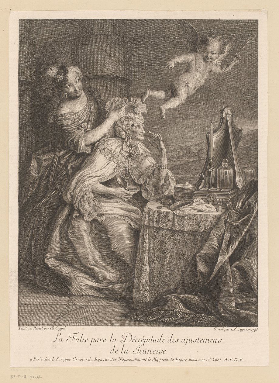 Hofdame hjælper gammel dame med at camouflere tegn på ældning La Folie pare la Décrépitude des adjustments de la Jeunesse (titel på objekt) af Louis Surugue