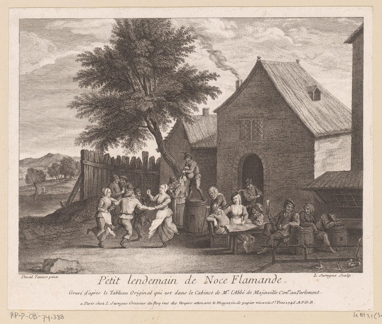 Flamsk landsbyscene med festselskab foran en kro Petit lendemain de noce Flamande (titel på objekt) af Louis Surugue