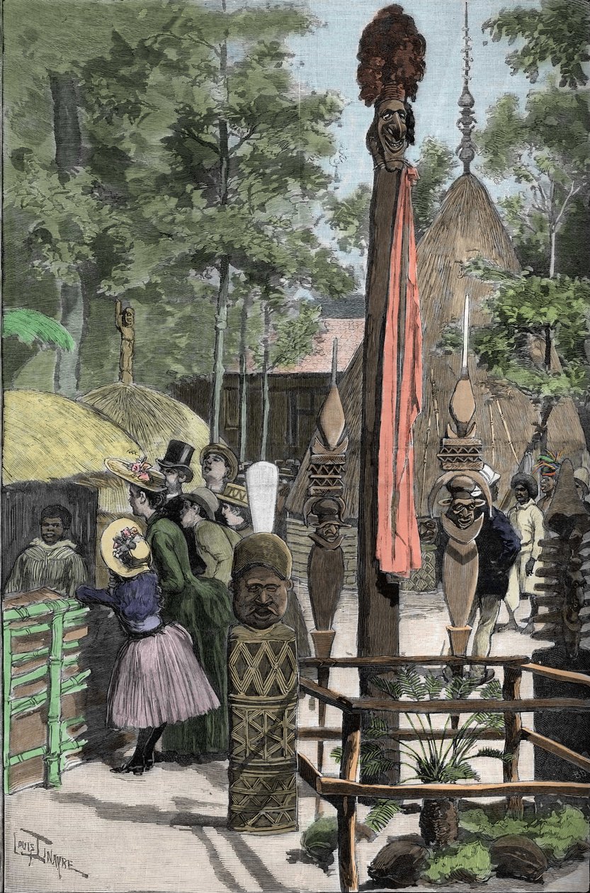 Verdensudstilling 1889 - Canaque-landsbyen ved Esplanade des Invalides (Canaques udstillet under udstillingen: Human Zoo) - Tegning af Louis Tinayre (1861-1942) - i "" Le Monde Illustré""" af 22/07/1889. af Louis Tinayre