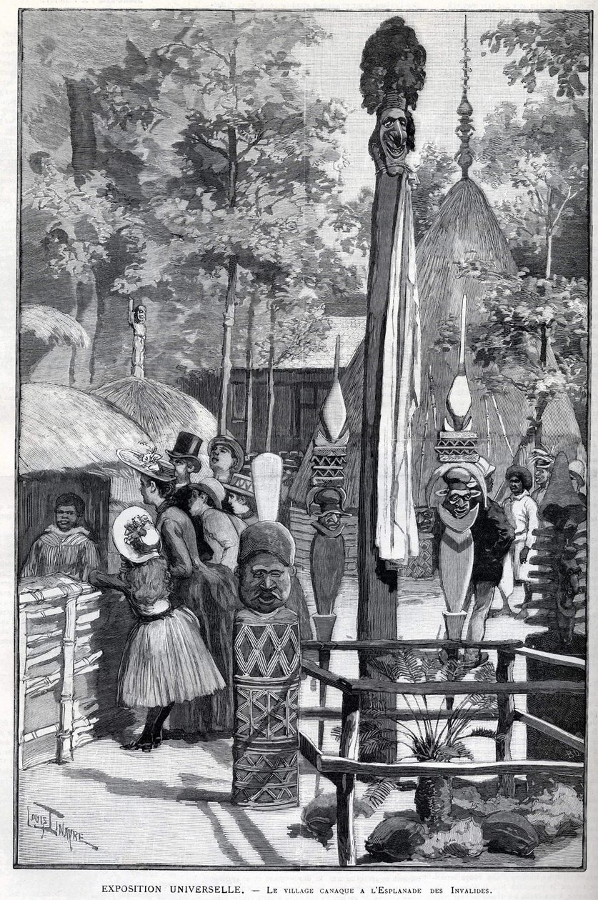 Exposition Universelle 1889 - Canaque-landsbyen ved Esplanade des Invalides (kanakerne udstillet under udstillingen: Zoo Humane). Tegning af Louis Tinayre (1861-1942) - i "" The Illustrous World"" af 22/07/1889. af Louis Tinayre