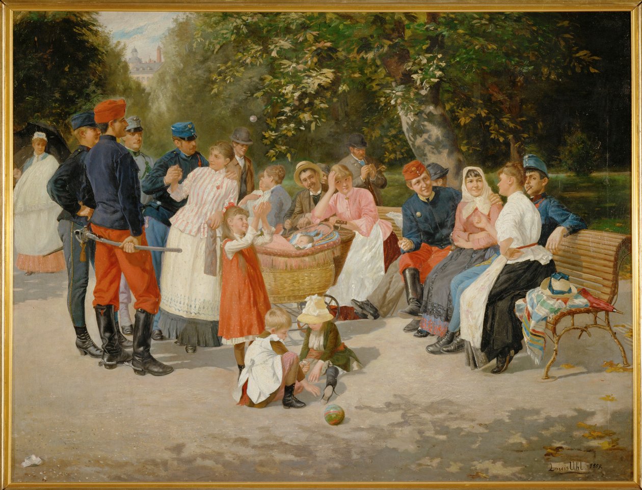 Barnepiger i en park ... (maleri på lærred) af Louis Uhl