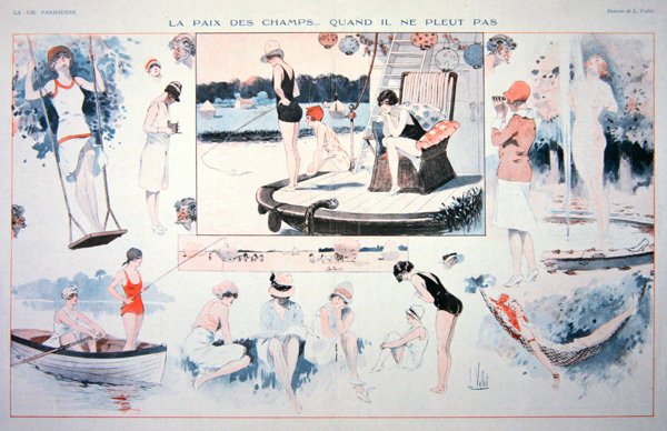 Fredelige tider på landet....når det ikke regner!, ca. 1930 (farve litho) af Louis Vallet