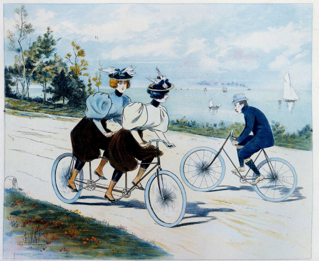 Søndags gåtur. Cykeltur: en mand på cykel ser på to kvinder på en tandem. Tegning af Louis Vallet (1856 -?) af Louis Vallet