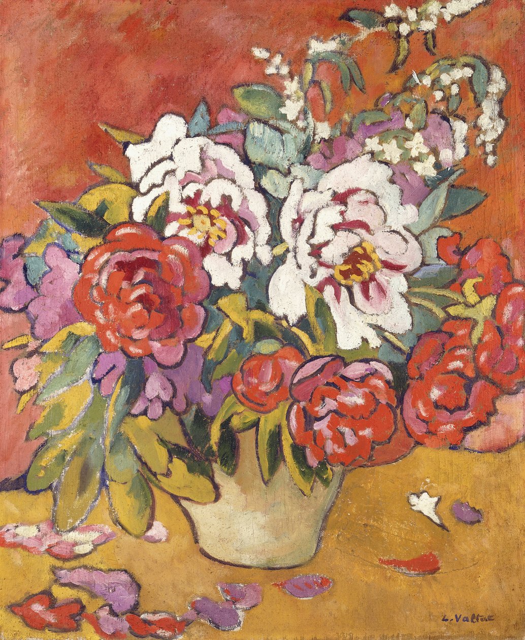 Pæoner i en kande mod en rød baggrund, ca. 1918 (olie på lærred) af Louis Valtat
