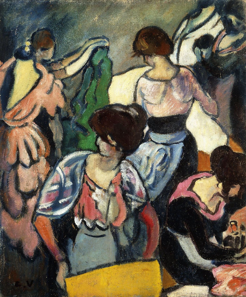 Systuen; Le Salon de Couture, ca. 1920 (olie på lærred) af Louis Valtat