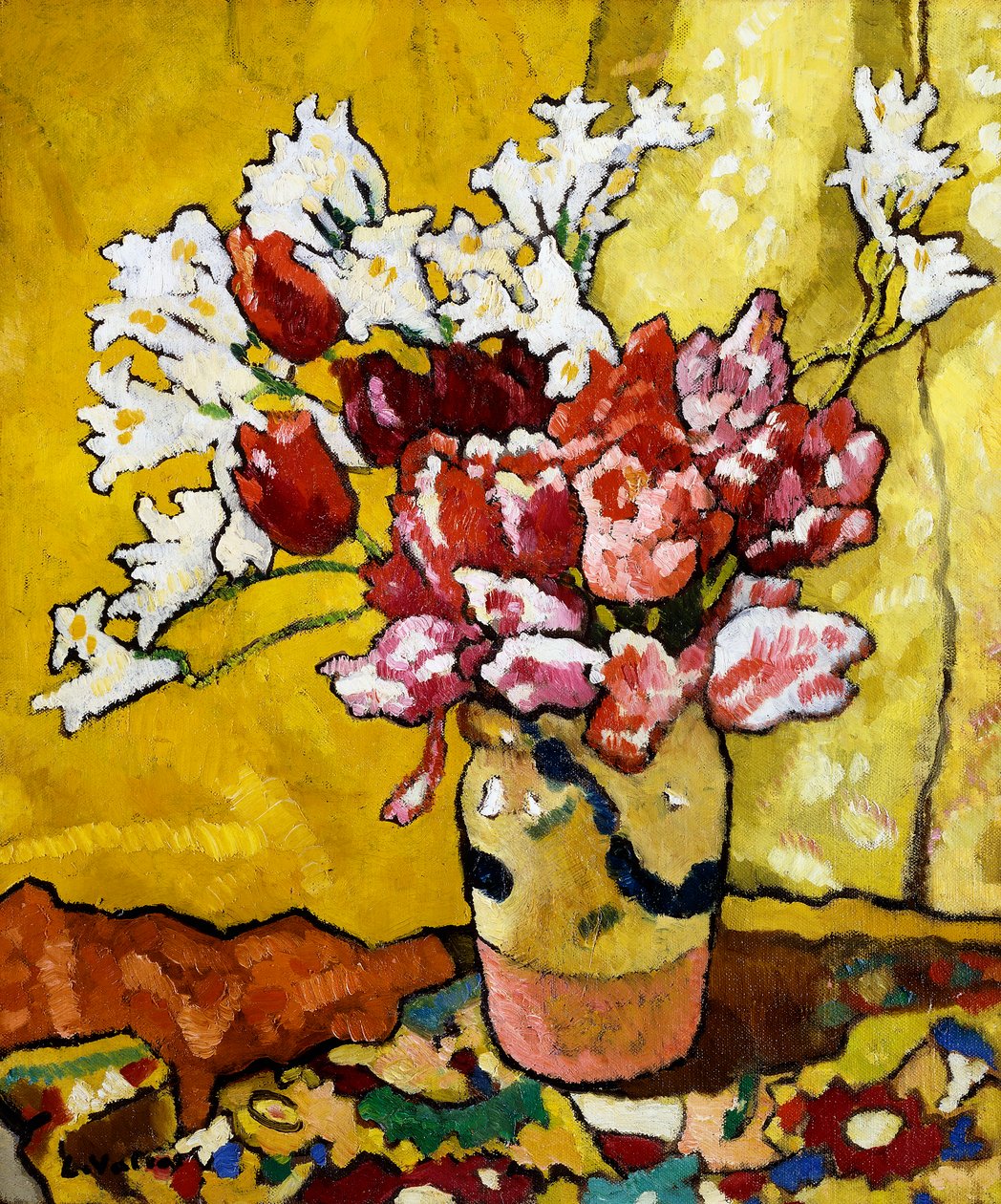 Vase, tulipaner og hvide blomster af Louis Valtat