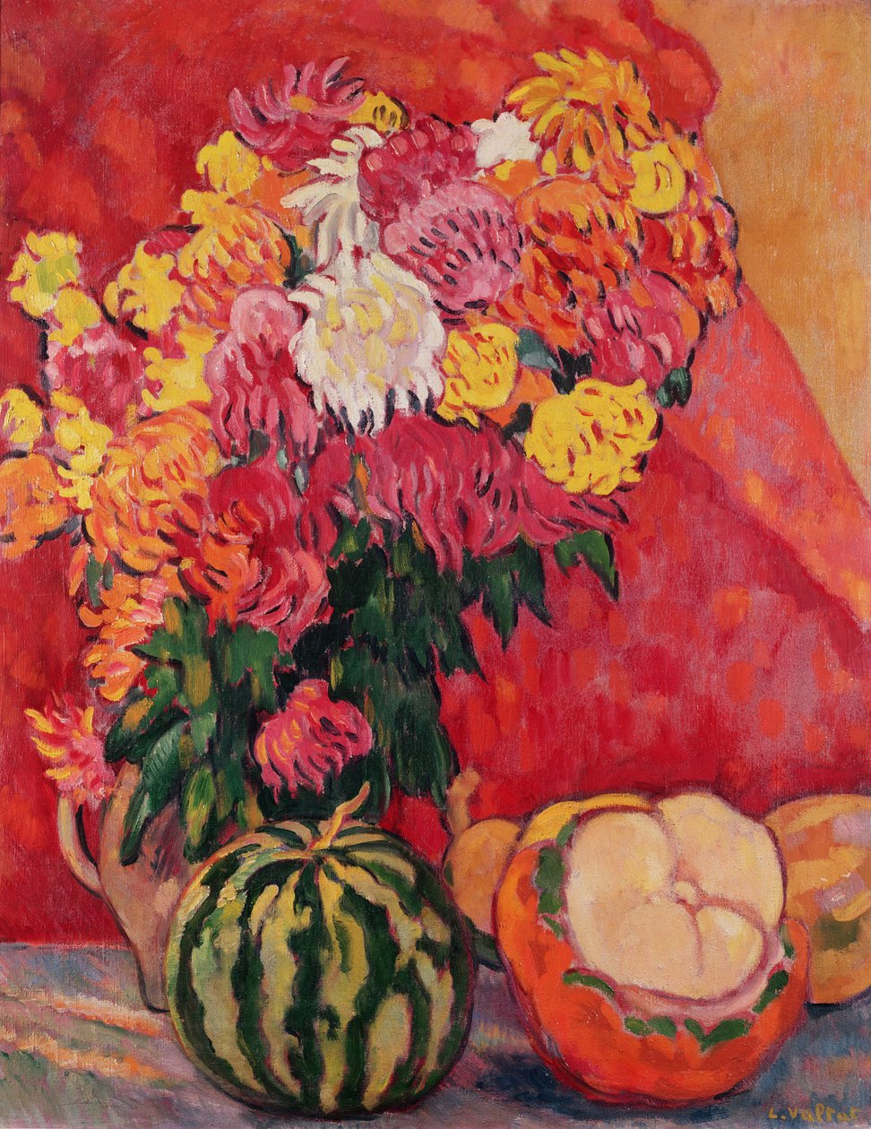 Vase af geranier med meloner af Louis Valtat