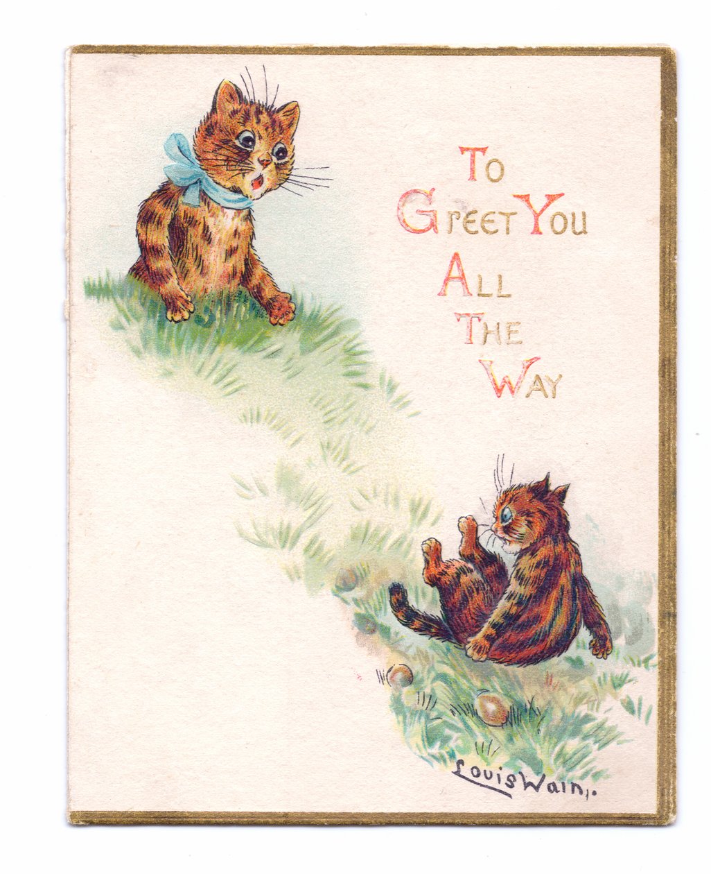 Et victoriansk lykønskningskort af to katte, den ene vælter og den anden ser forskrækket ud, ca. 1880 af Louis Wain