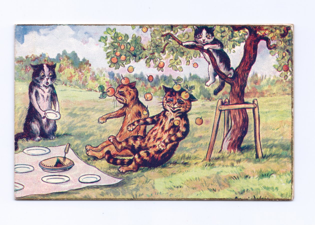 Et victoriansk lykønskningskort med et æble, der falder på to katte på en picnic, ca. 1880 af Louis Wain