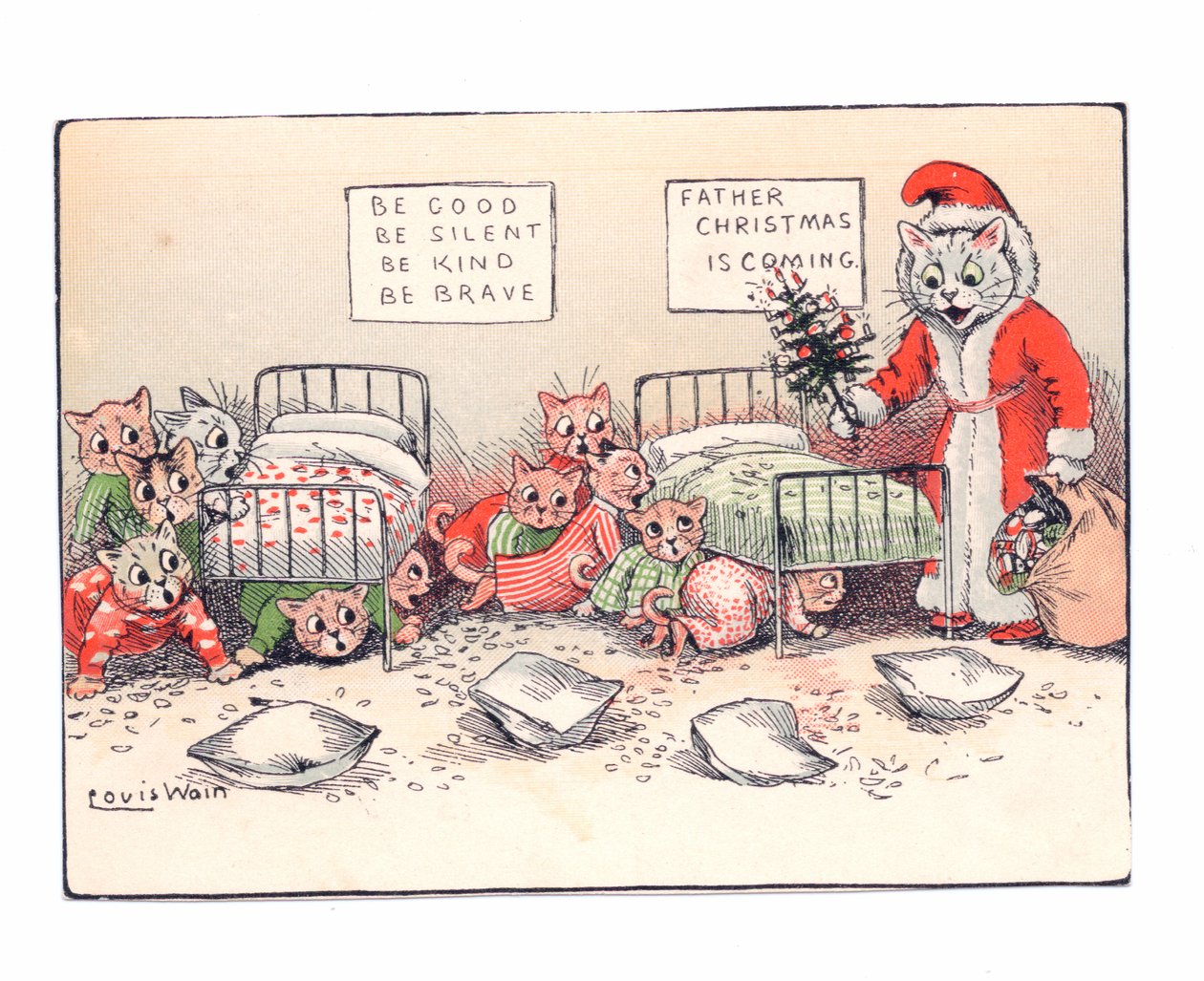 Et victoriansk lykønskningskort med killinger, der kryber sammen i frygt ved synet af en kat klædt ud som julemanden, ca. 1880 af Louis Wain