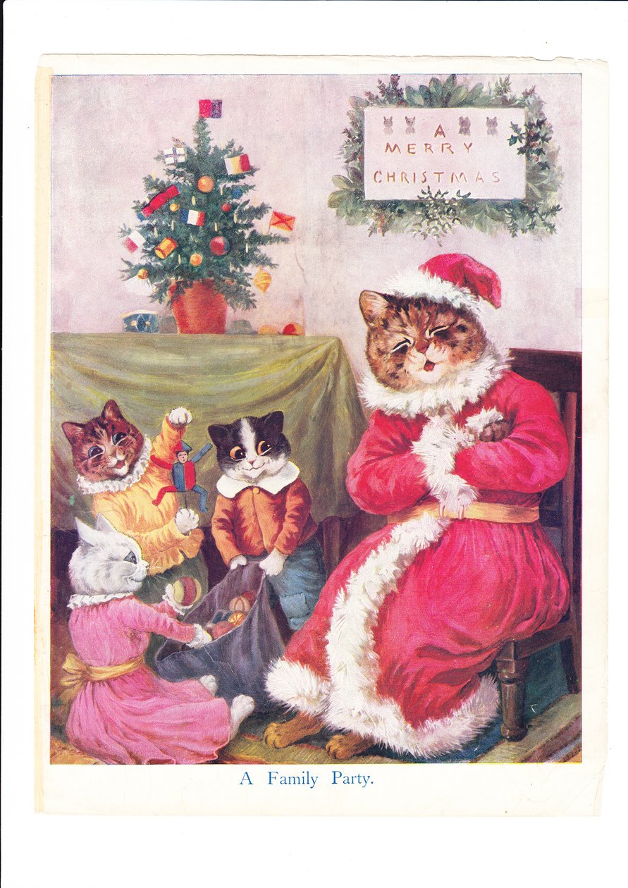 Et print af en kats julefest af Louis Wain med en antropomorfiseret far-kat klædt ud som julemandens omgivelse af små katte og et juletræ, ca. 1890 (farve litho) af Louis Wain