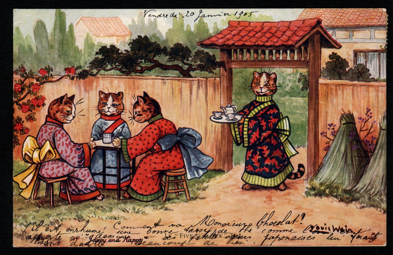 Dyr i menneskelig stilling. Kat i kimono drikker te i en japansk have. Postkort. Kromolitografi af Louis Wain (1860-1939), en engelsk kunstner kendt for sin skildring af katte med store øjne. Begyndelsen af ​​det 20. århundrede. Indsamling pr af Louis Wain