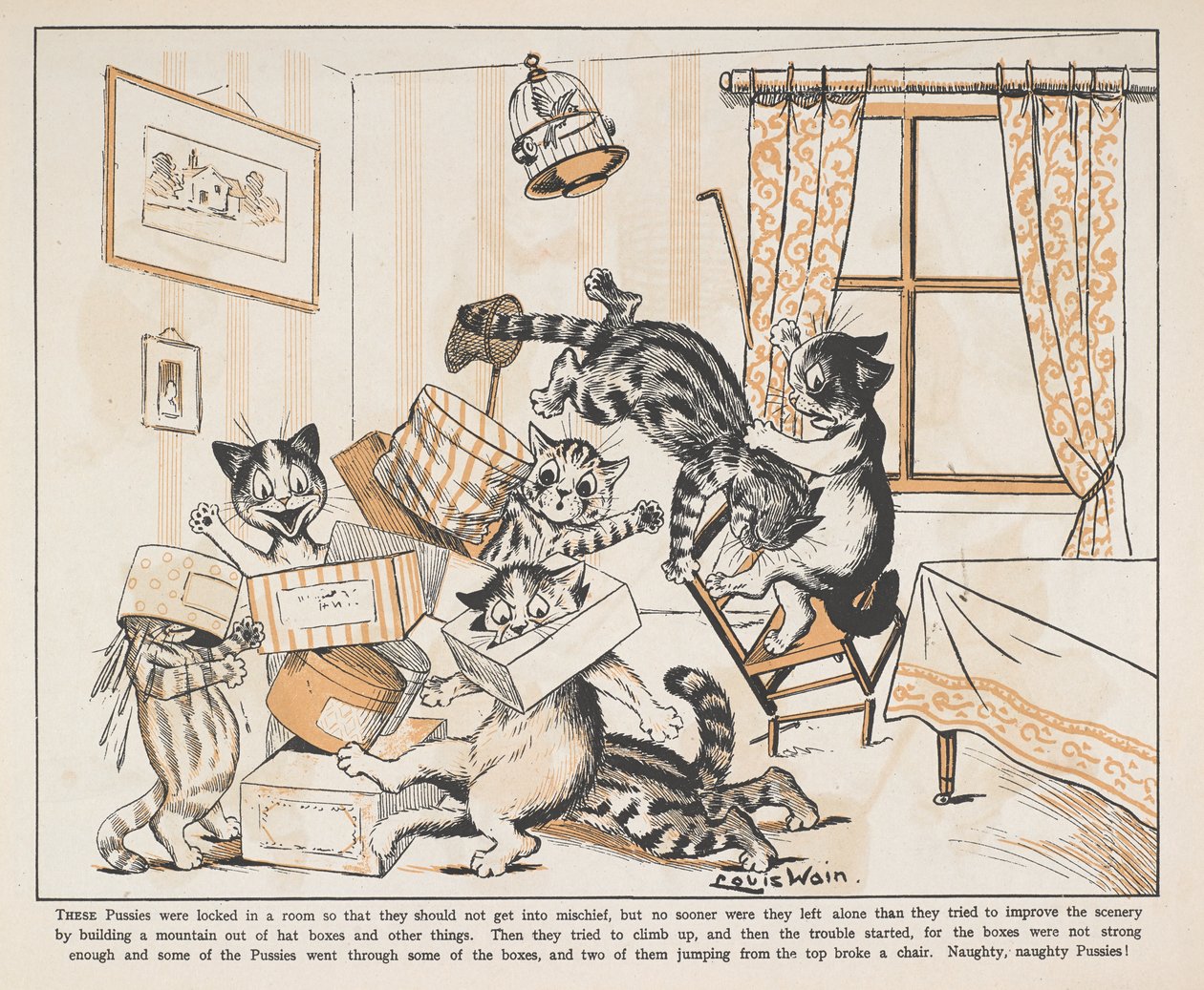 Katte, der leger med kasser i et rum. af Louis Wain