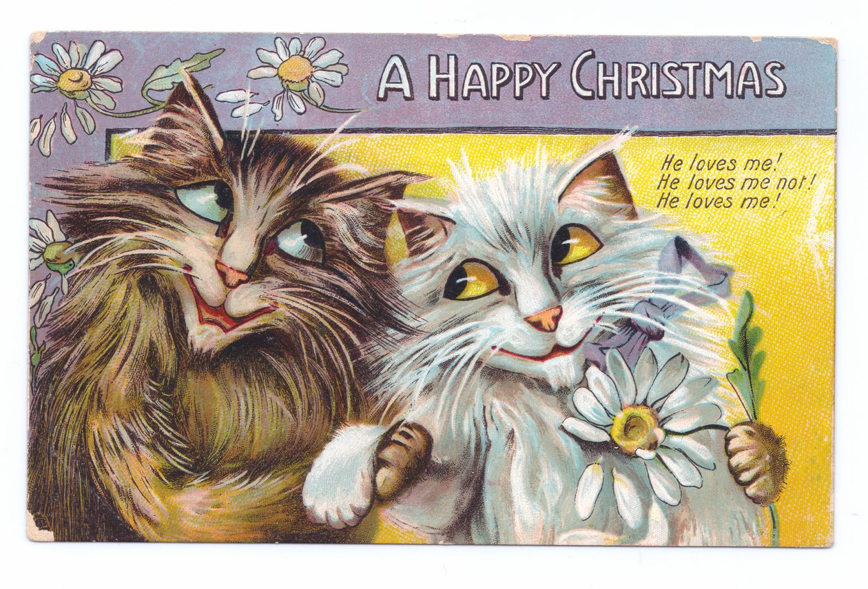 Edwardiansk julepostkort med to kærlige katte, ca. 1910 af Louis Wain