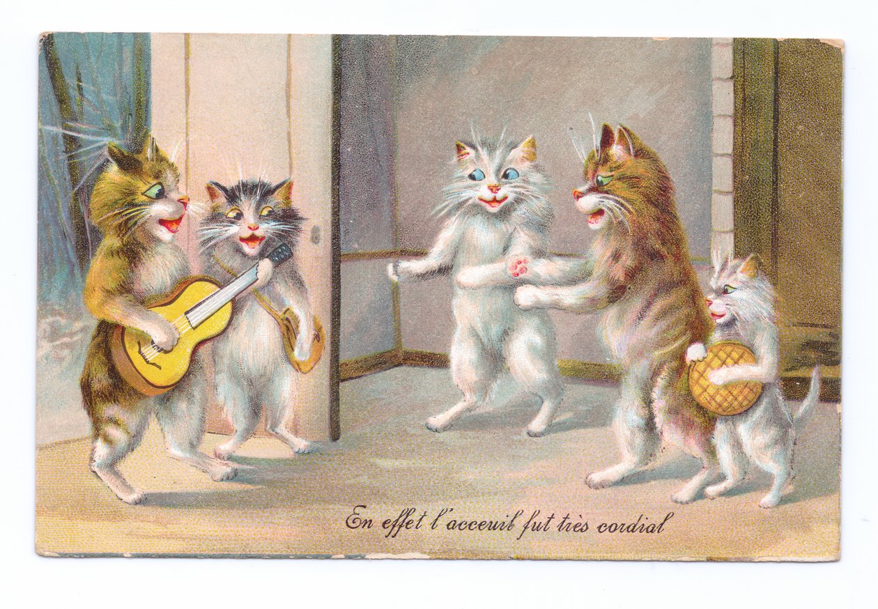 Edwardiansk postkort af en kat, der spiller guitar sammen med tre andre katte og en killing, ca. 1910 af Louis Wain