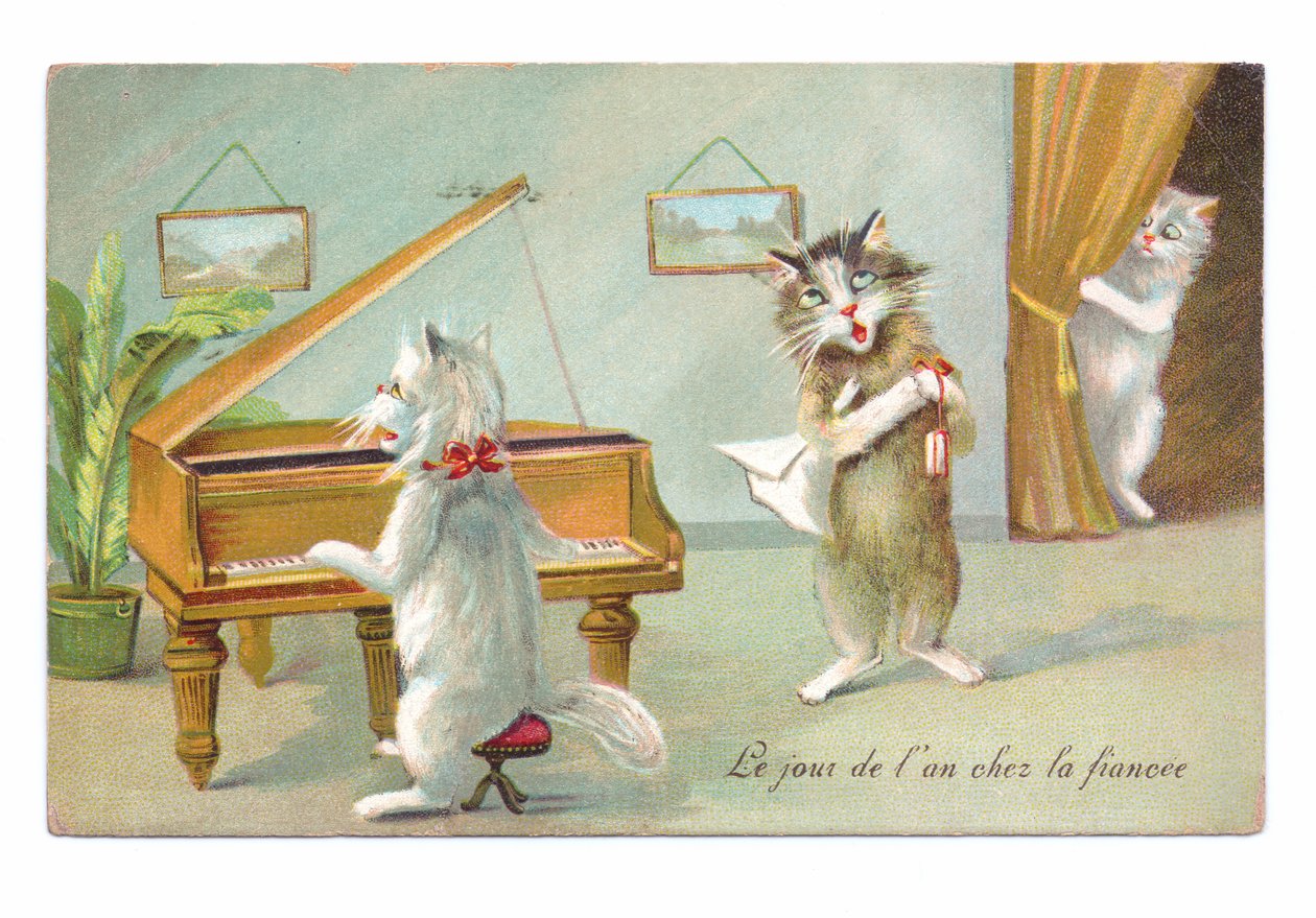Edwardiansk postkort af en kat, der spiller klaver, og den anden synger, mens en tredje kigger ca. 1910 af Louis Wain