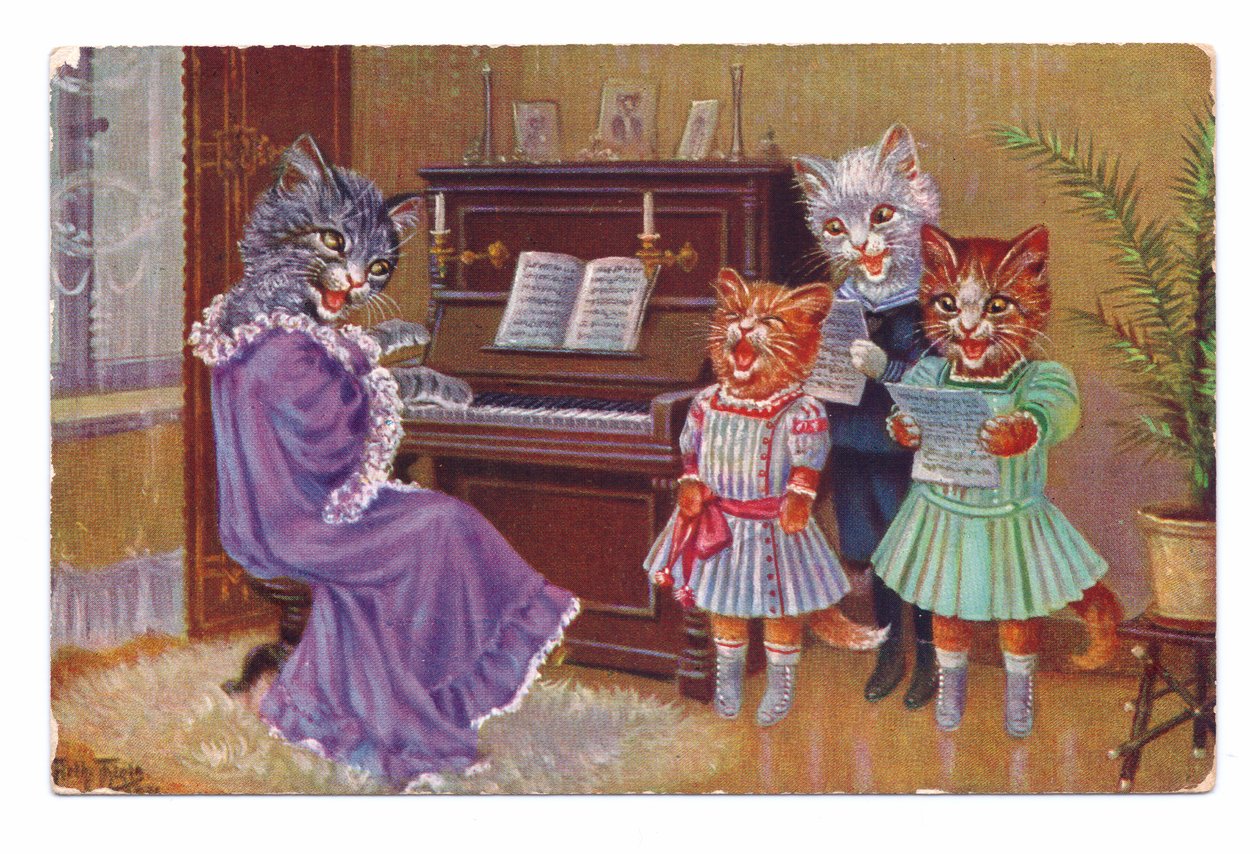 Edwardiansk postkort med fire katte iført mennesketøj rundt om et klaver med en synge-sang, ca. 1910 af Louis Wain