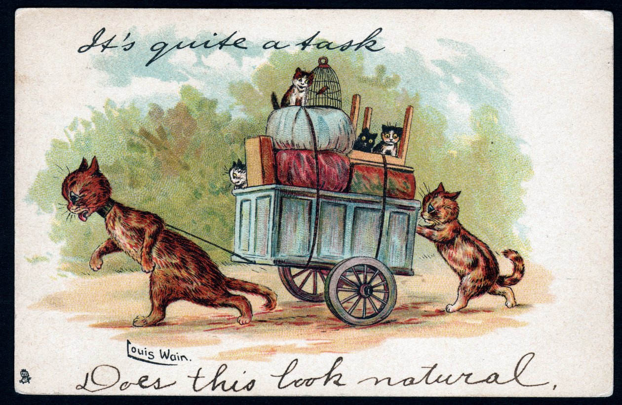 Det er noget af en opgave, ser det naturligt ud. Dyr i menneskelig stilling. Katte trækker en vogn med deres killinger og deres bevægelige ting i den. Postkort. Kromolitografi af Louis Wain (1860-1939), Angla kunstner af Louis Wain