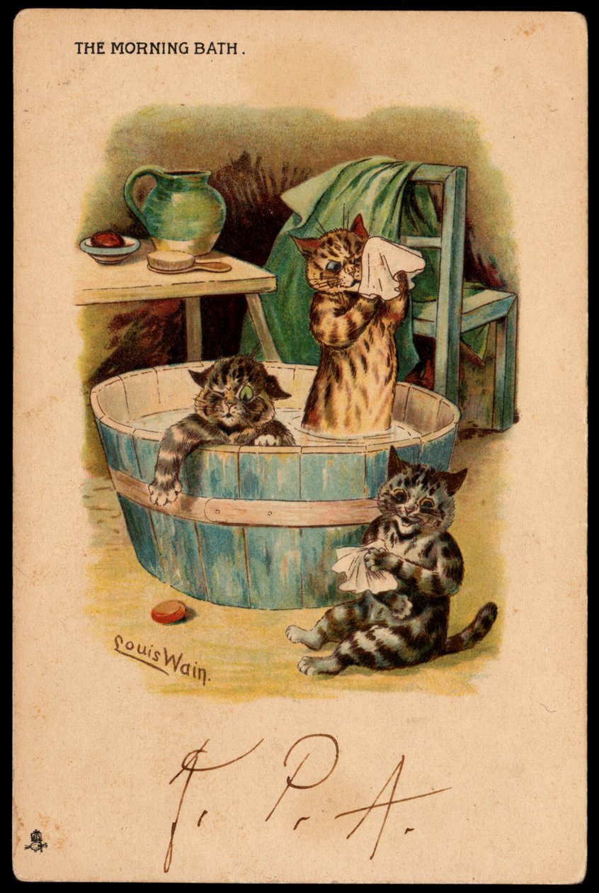 Morgenbadet. Dyr i menneskelig stilling. Katte tager deres bad i et bassin. Postkort. Kromolitografi af Louis Wain (1860-1939), en engelsk kunstner kendt for sin skildring af katte med store øjne. Begyndelsen af ​​det 20. århundrede. Indsamle af Louis Wain