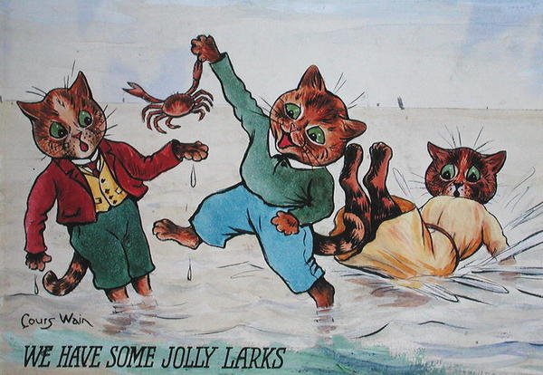 Vi har nogle Jolly Larks (akvarel og kropsfarve på papir) af Louis Wain