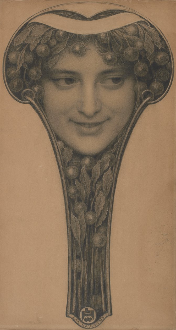 Masque, ca. 1900 (sort kridt og blyant på lysebrunt papir) af Louis Welden Hawkins
