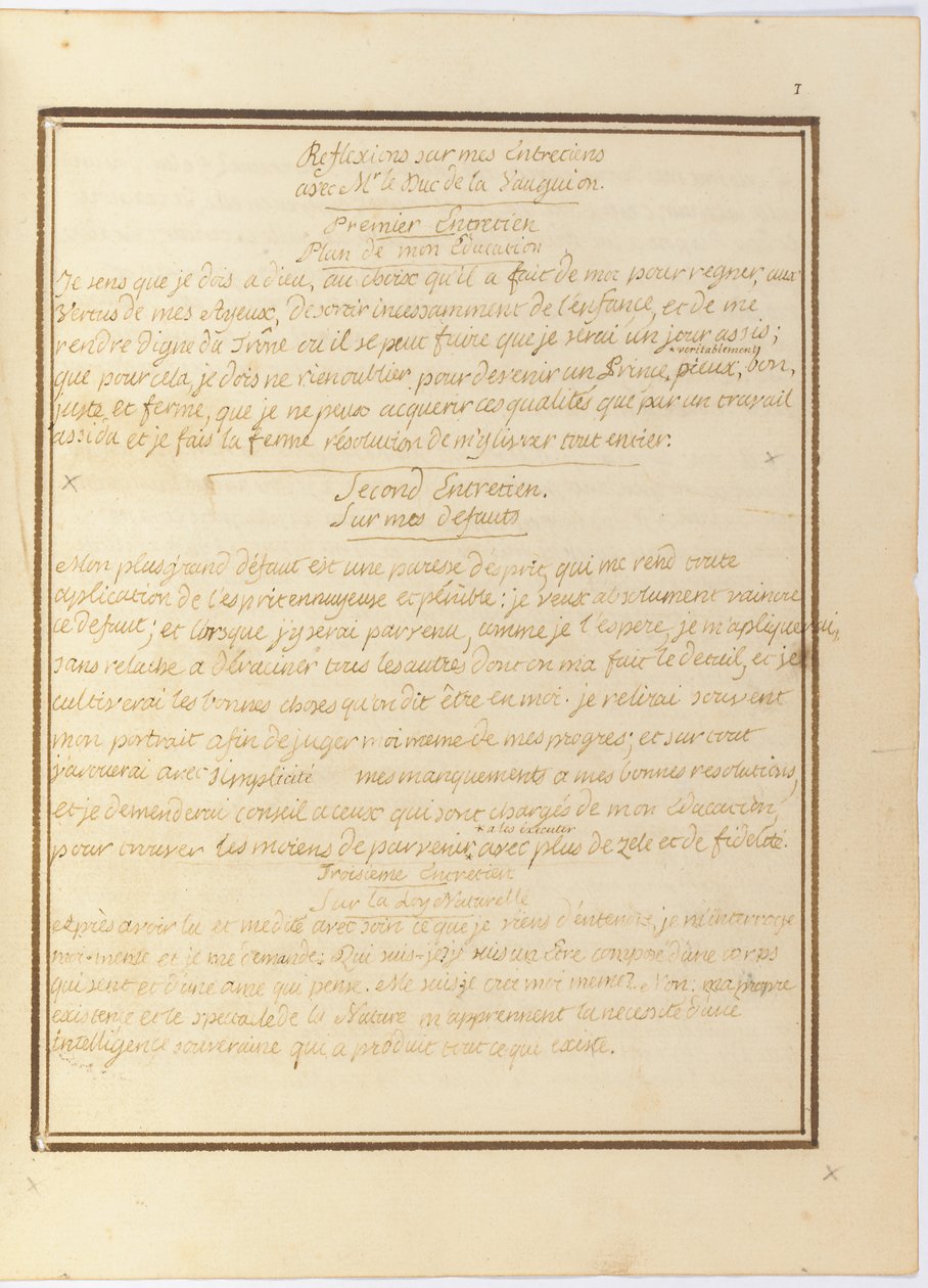 "Refleksioner over mit interview med hr. le Duc de la Vauguyon", autografmanuskript, januar 1767 til begyndelsen af 1769 af Louis XVI