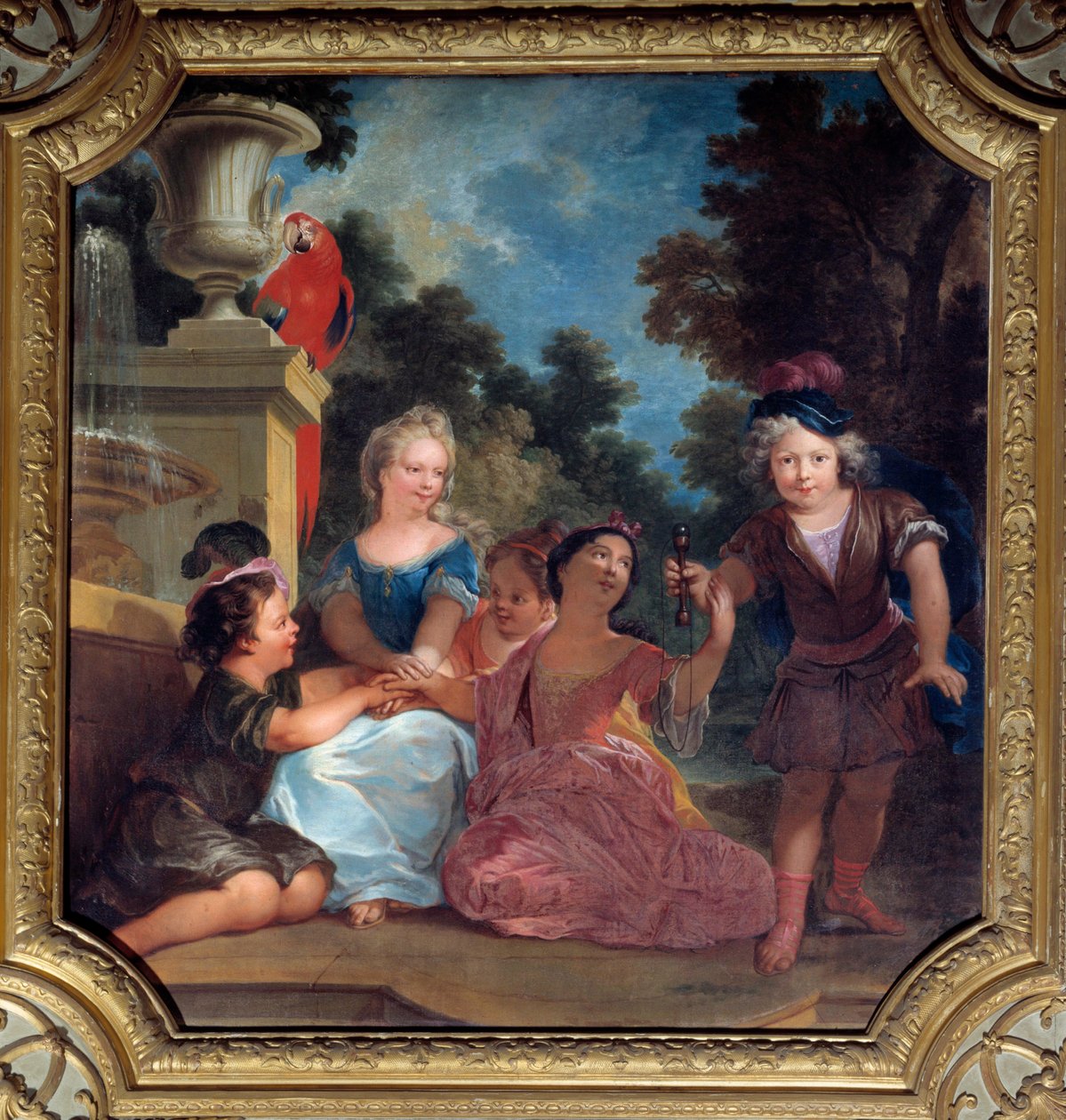Børnegruppe spiller bilboquet Maleri af Louis Boulongne le Jeune (1654-1733) 1700-tallets Paris, Italiens ambassade af Louis de Boullongne