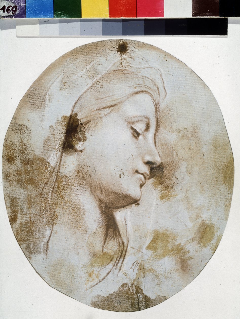 ""Visage de Vierge"" (Jomfruens leder) Sanguinetegning af Louis de Boullogne II den Yngre (1657-1733) Pushkin Museum, Moskva af Louis de Boullogne