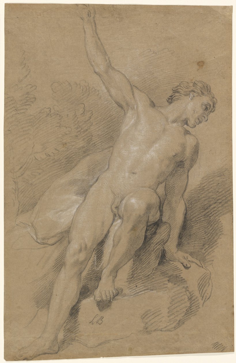 Nøgen mand siddende på sten af Louis de Boullogne the Younger