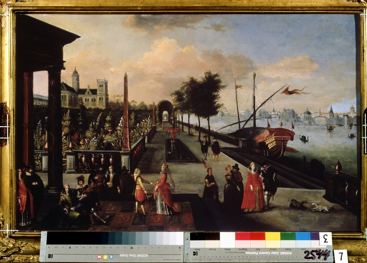 ""Promenaden langs havet"" Udsigt over en by sandsynligvis i Holland. Maleri af Louis de Cauley (kendt som Mesteren af ​​Leningrads skitserbog) (ca. 1580- efter 1621). Radishchev-museet fra det 17. århundrede, Saratov, Rusland af Louis de Caulery