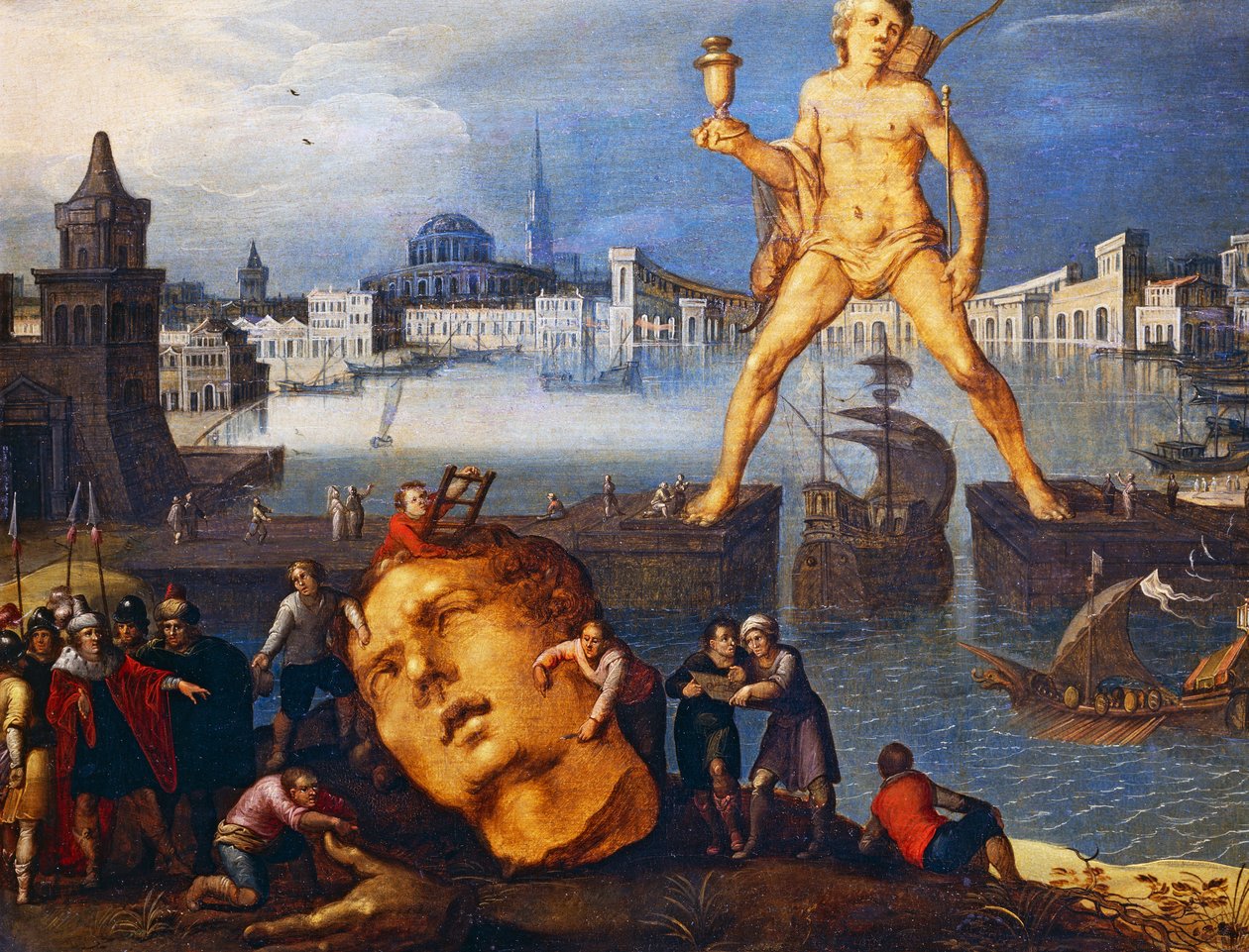 Kolossen af Rhodos (olie på træ) af Louis de Caulery