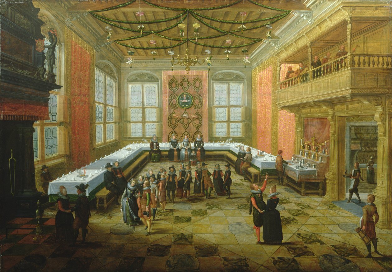 Elegante figurer samles i en festsal af Louis de Caullery