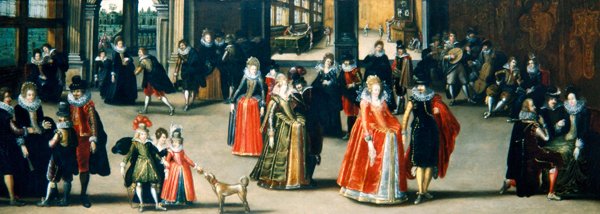 Elegante figurer, der danser i et interiør (olie på panel) af Louis de Caullery