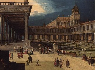 Haverne og gården til et renæssancepalads (panel) af Louis de Caullery