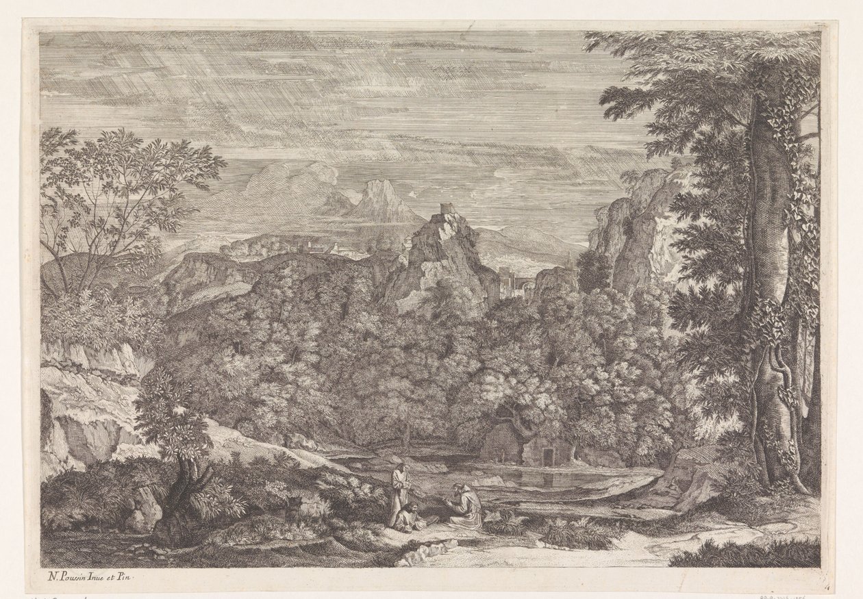 Landskab med tre munke af Louis de Châtillon