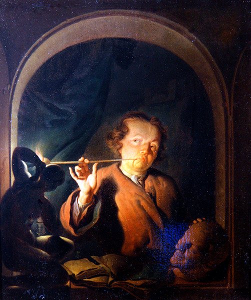 En mand tænder et rør ved en karm (olie på panel) af Louis de Moni