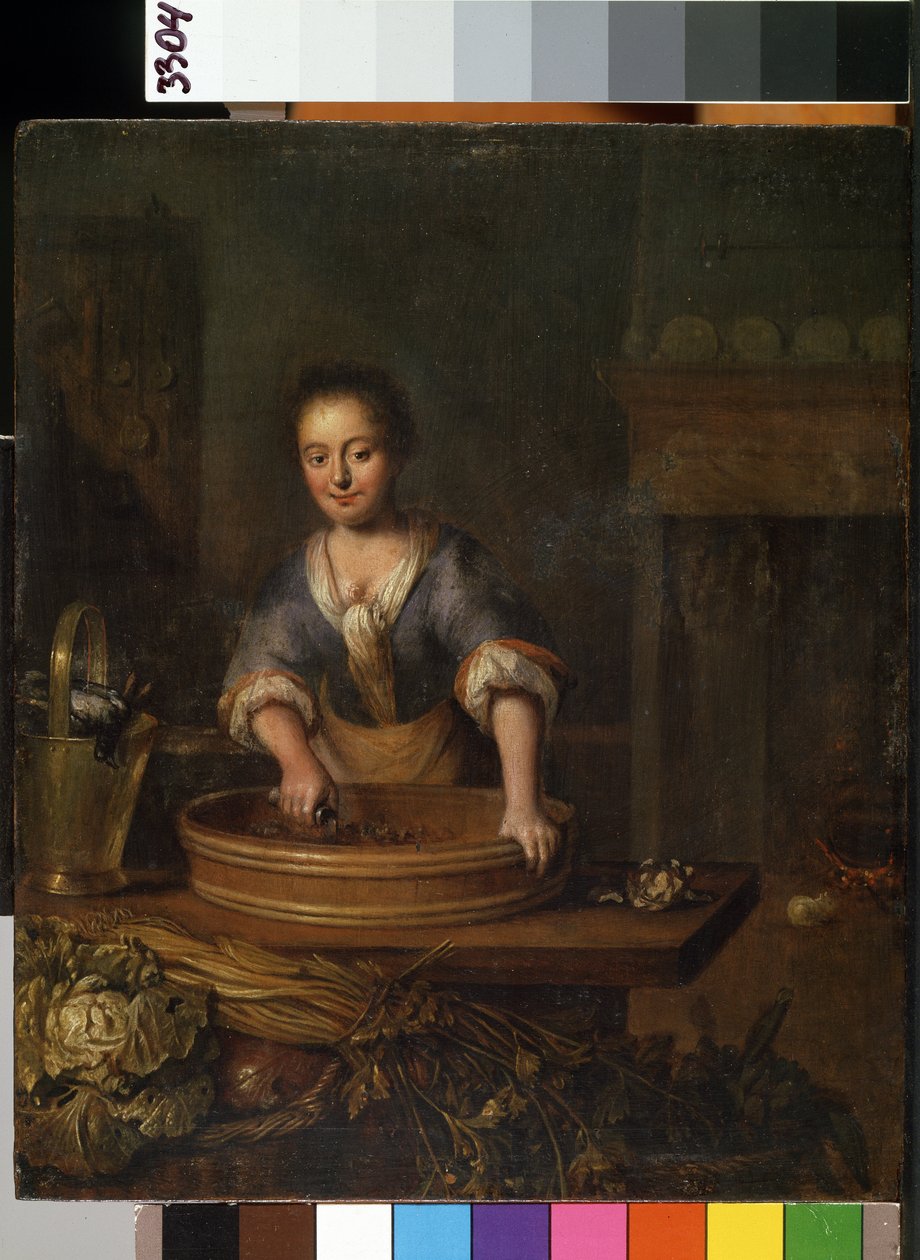 ""Kokken"" (Kokken) En ung kok i et landkøkken, der tilbereder kål. Maleri af Louis de Moni (1698-1771) Mikalojus Konstantinas Ciurlionis Fine Arts Museum, Kaunas, Litauen af Louis de Moni