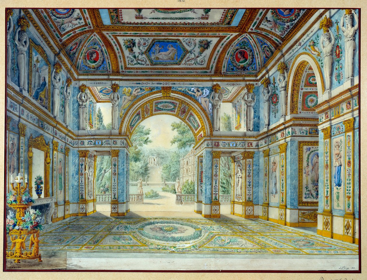 Portiko af et palads, der åbner ud til en park. Gravering af Louis De Saint Ange (1780-1831) af Louis de Saint Ange Desmaisons