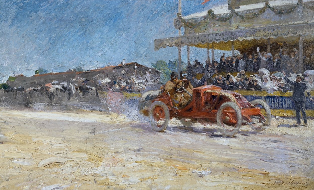 Første Grand Prix for Automobile Club de France i 1906, vinderens ankomst, Compiegne, Frankrig, maleri af Louis-Marie de Schryver (1862-1942) af Louis de Schryver