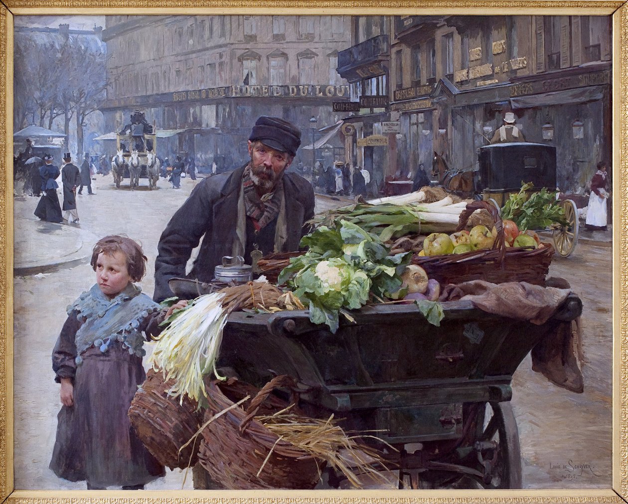 De fire årstiders købmand i Paris. Bag ham, Hotel du Louvre (1. arrondissement) Maleri af Louis Marie de Schryver (1862-1942), olie på lærred af Louis de Schryver