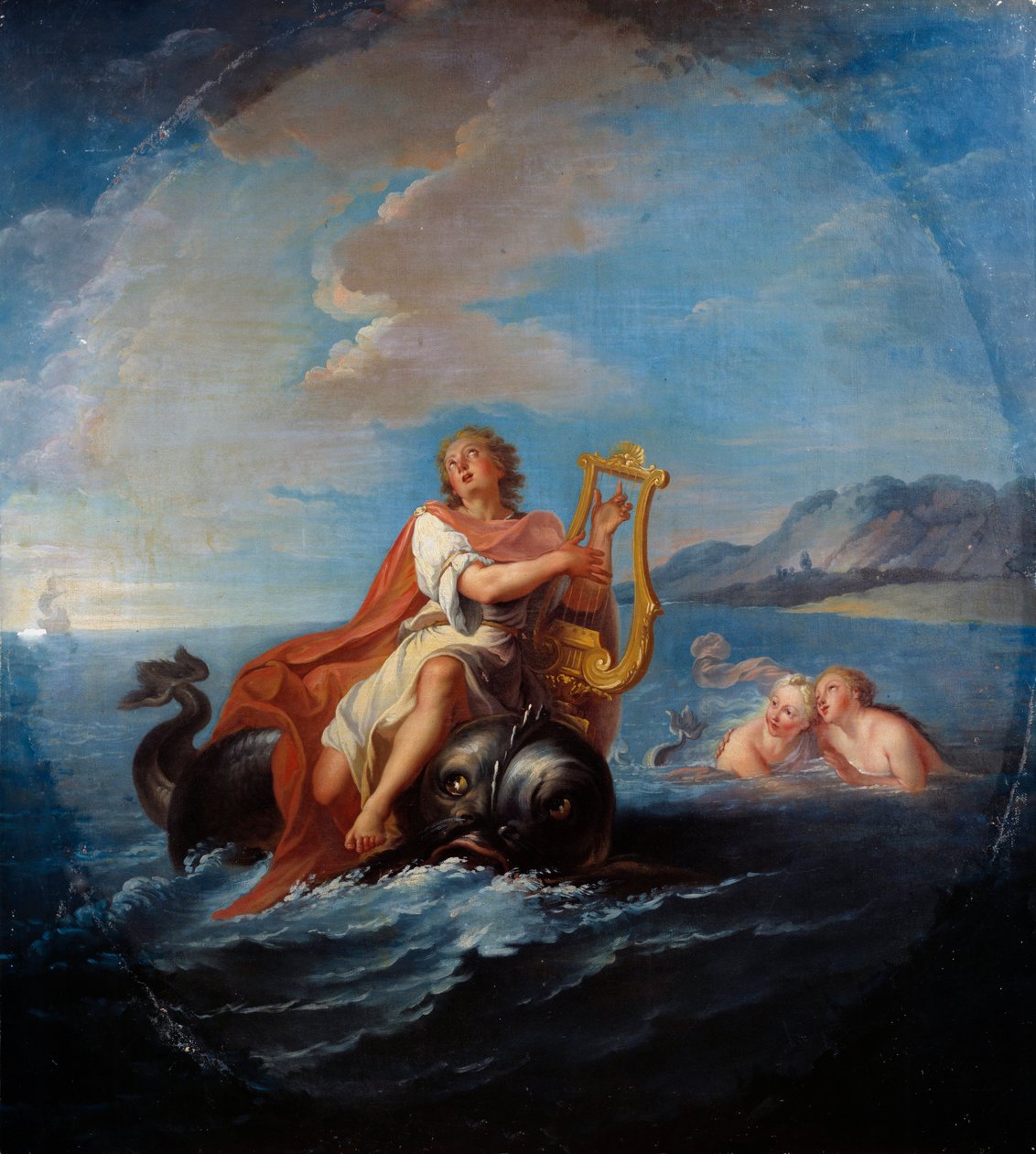 Arion spiller lyre. Arion de Methymne er en græsk digter fra det 7. århundrede f.Kr. Maleri af Louis De Silvestre (1675-1760) af Louis de Silvestre