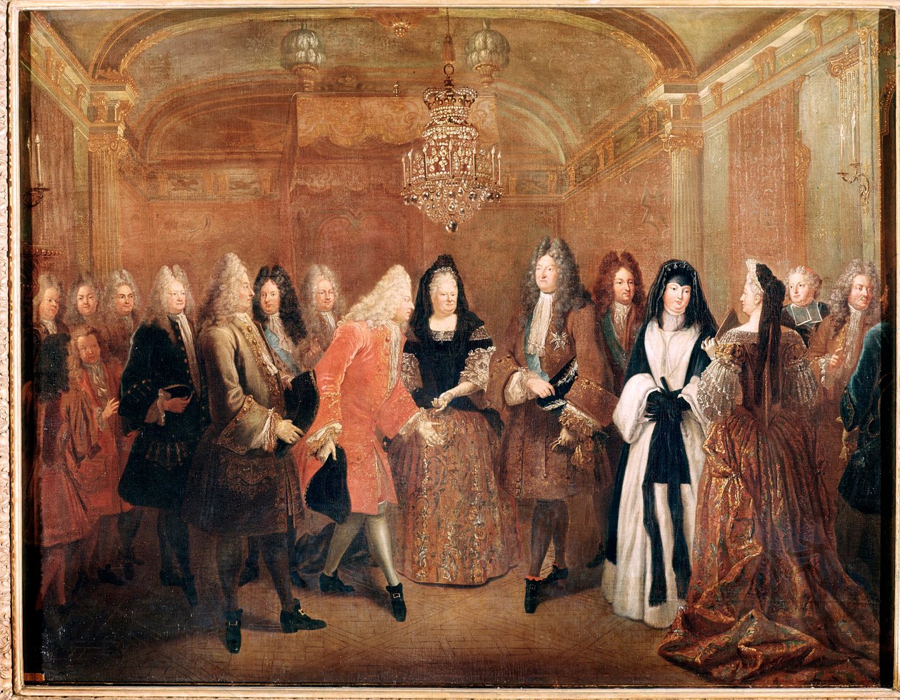 Kongen af Frankrig Ludvig XIV modtager prins Frederik Augustus I på slottet Fontainebleau (Maleri af Louis de Silvestre