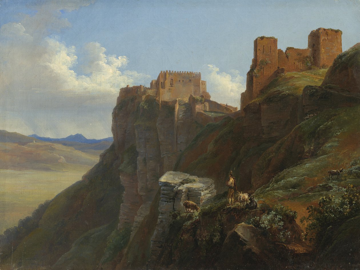 Udsigt over Castello di San Giuliano, nær Trapani, Sicilien, ca. 1824-6 af Louise Josephine Sarazin de Belmont
