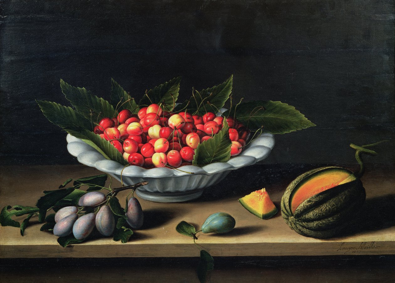 En skål kirsebær med blommer og en melon, 1635 af Louise Moillon