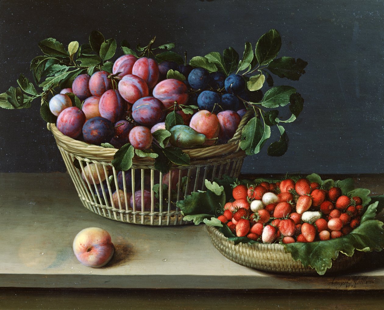 Kurv med blommer og kurv med jordbær, 1632 af Louise Moillon