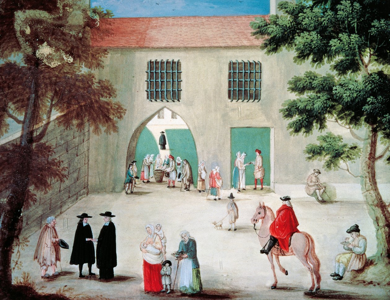 Hjælper fattige foran klosteret Port-Royal des Champes, af Louise-Magdeleine Hortemels (1688-1767), gouache, Frankrig af Louise Magdeleine Hortemels
