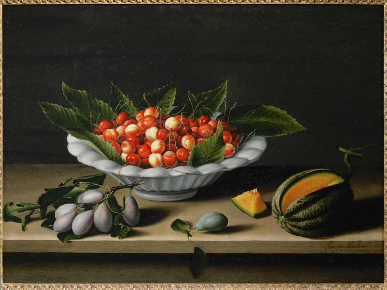 En kop med kirsebær, blommer og melon ... af Louise (circle of) Moillon