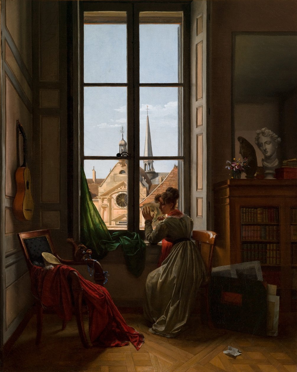 Interiør med ung kvinde, der tegner en blomst, ca. 1820-22 (olie på lærred) af Louise Adeone Droelling