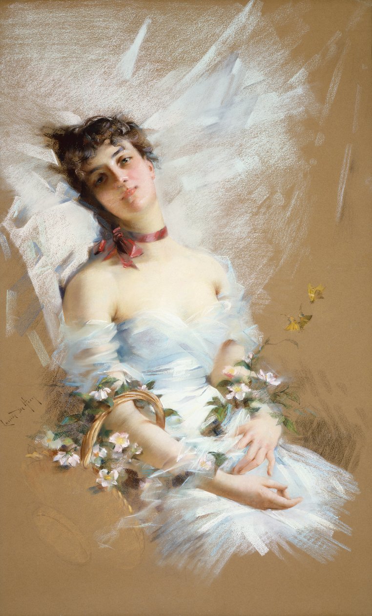 Liggende skønhed med kurve med blomster (pastel på papir) af Louise De Hem